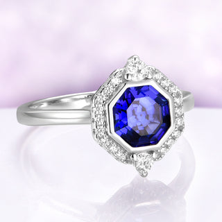 Asscher Cut Art Deco Bezel Set Blue Sapphire Ring in Sterling Silver