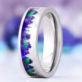 Aurora borealis northern lights wedding band in tungsten, 6mm, standing view showing the fine tree line against the purple and green aurora inlay
