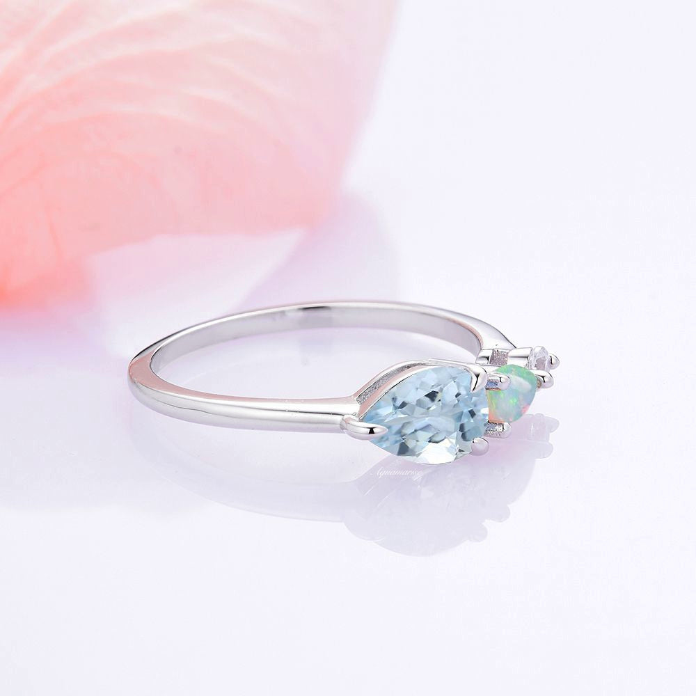 Natural Aquamarine & Opal Ring- Unique 2 Birthstones Engagement Ring For Women- Delicate Promise Ring- 925 Sterling Silver Anniversary Gift