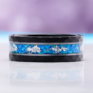 Front view of the 8mm Blue Fire Opal men's wedding band in black tungsten carbide with a blue opal and silver leaf inlay