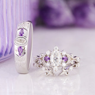 Carmilla moissanite and amethyst couples ring set in sterling silver, the 6mm band standing beside the marquise leaf and vine ring