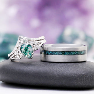 Celtic knot moss agate couples ring set: sterling silver engagement ring set for her and an 8mm brushed tungsten band for him