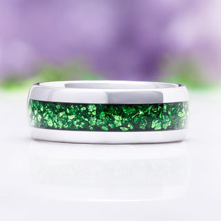 Front view of the 8mm crushed emerald men's wedding band in silver tungsten carbide with a crushed green emerald inlay