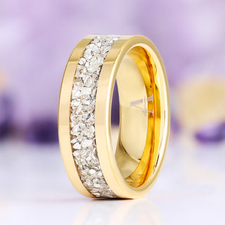 Interior of the gold tungsten wedding band showing the comfort fit dome and Aquamarise hallmark