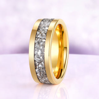 Side view of the 8mm gold tungsten band showing the flat profile and polished finish
