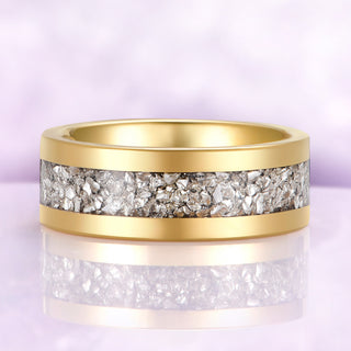 Crushed simulated diamond men's wedding band in gold tungsten, 8mm flat profile with a full inlay channel