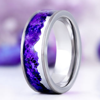 Dreamscape mountain range men's wedding band in tungsten carbide, 8mm, standing view showing the purple inlay beneath the silver mountain skyline