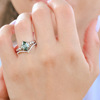 Elara hexagon Pacific green moissanite and crescent moon ring set worn on a model's hand