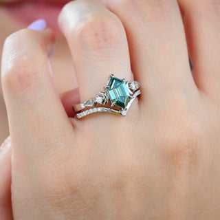 Elara Hexagon Pacific Green Moissanite & Crescent Moon Ring Set in Sterling Silver worn on the hand
