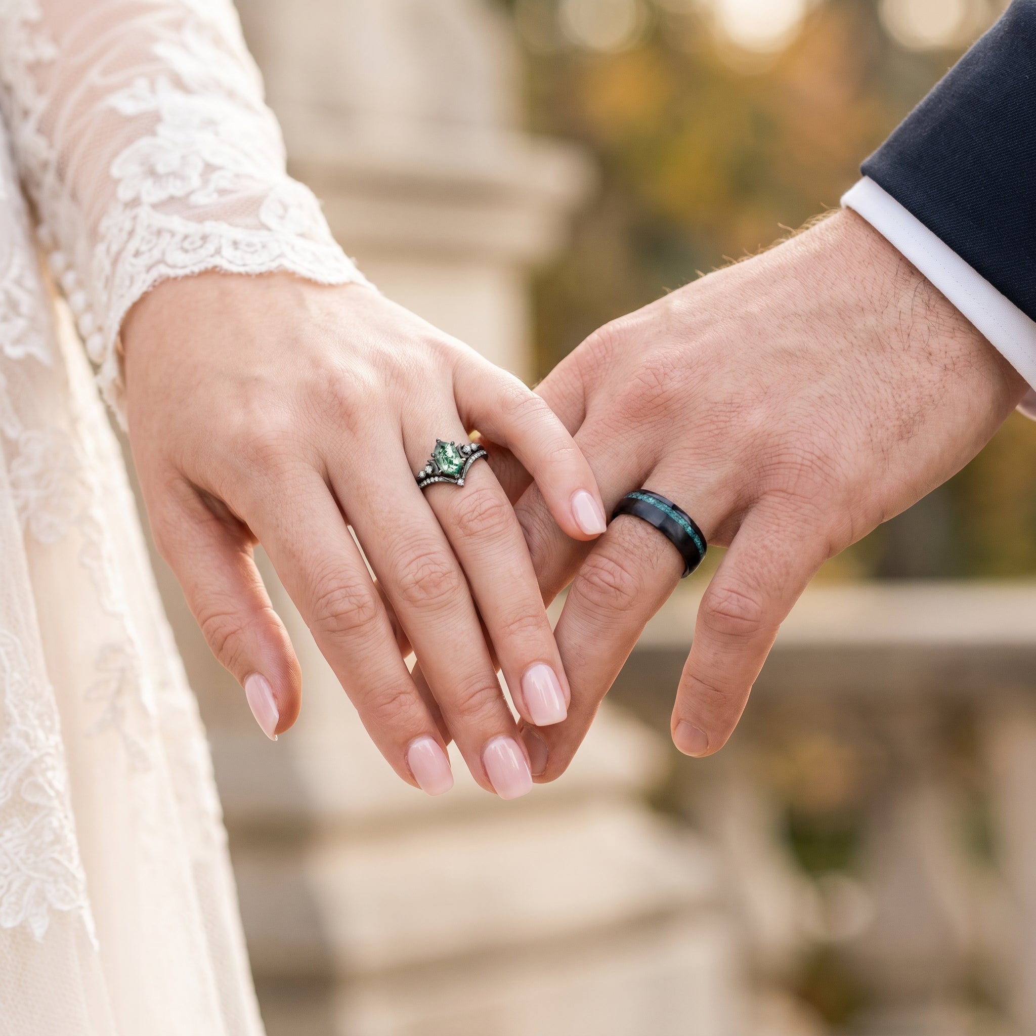 Moss Agate Couples Ring Set | Nature-Inspired Gothic Rings