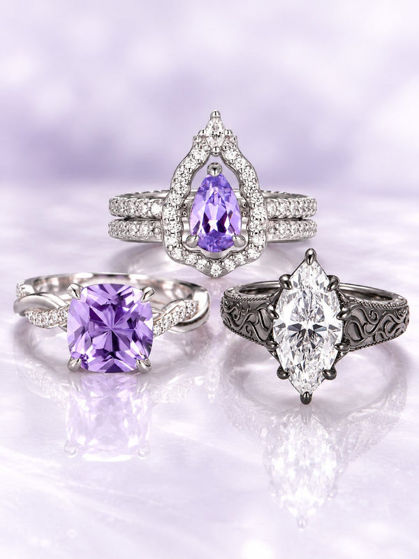 Engagement rings on lilac satin: pear amethyst double halo ring set, cushion-cut lavender amethyst with twisted pave band and a marquise white stone on an engraved black band, Aquamarise banner