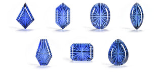 Seven Faelight Cut shapes in lab-grown blue sapphire: a kite, a long hexagon, an oval, a marquise, a coffin, a rectangle and a pear