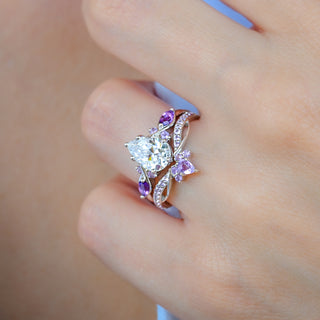 Feyra Natural Amethyst & Simulated Diamond Engagement Ring Set in Sterling Silver worn on the hand, angled view