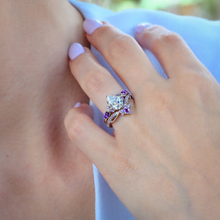 Feyra Natural Amethyst & Simulated Diamond Engagement Ring Set in Sterling Silver worn on the hand, top view