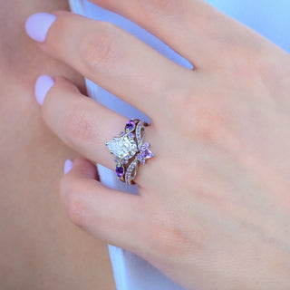 Feyra Natural Amethyst & Simulated Diamond Engagement Ring Set in Sterling Silver worn on the hand, close-up