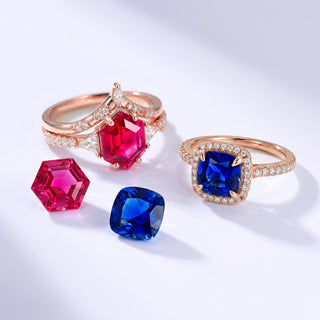 Two rose gold rings with red and blue gemstones on a white background