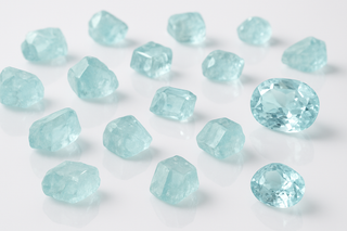 generate image for few loose aquamarine gems laying on white reflective surface