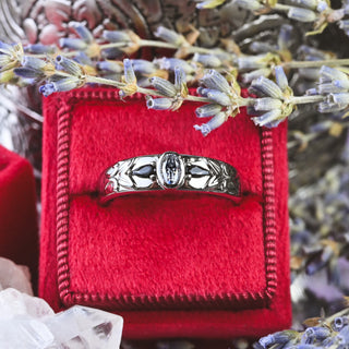 Gray Moissanite & Black Onyx Wedding Band in Black Ruthenium (6mm) in a red velvet ring box