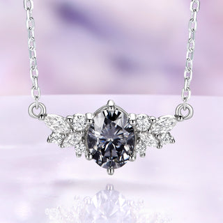 Oval gray moissanite cluster necklace in sterling silver with marquise and round clear moissanite accents