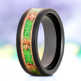 Green fire opal and rose gold leaf men's wedding band in two-tone tungsten, 8mm, second standing view showing the opal channel between rose gold lines