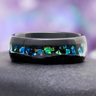 Galaxy Green Fire Opal Wedding Band in Black Tungsten Carbide (8mm)