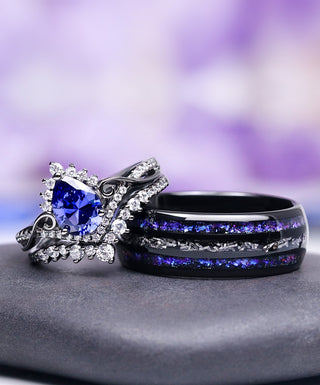 Matching couples rings: sapphire halo bridal set and black galaxy inlay band