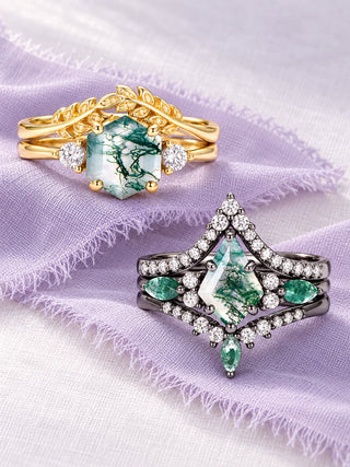 Moss agate ring sets on white and lavender silk: hexagon moss agate fairy leaf set in yellow gold vermeil and Skye Kite moss agate three-piece set in black ruthenium, Aquamarise banner