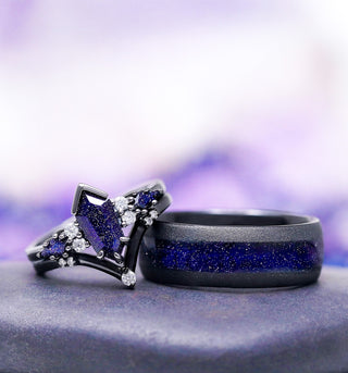 Matching couples rings set featuring starry night his and hers wedding bands with unique gemstone details.