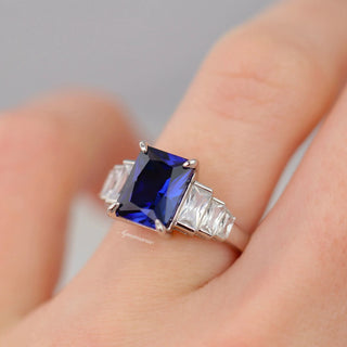 Art Deco Emerald Cut Blue Sapphire Engagement Ring in Sterling Silver