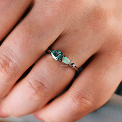 Natural Green Moss Agate & Fire Opal Engagement Ring For Women 14K Rose Gold Vermeil