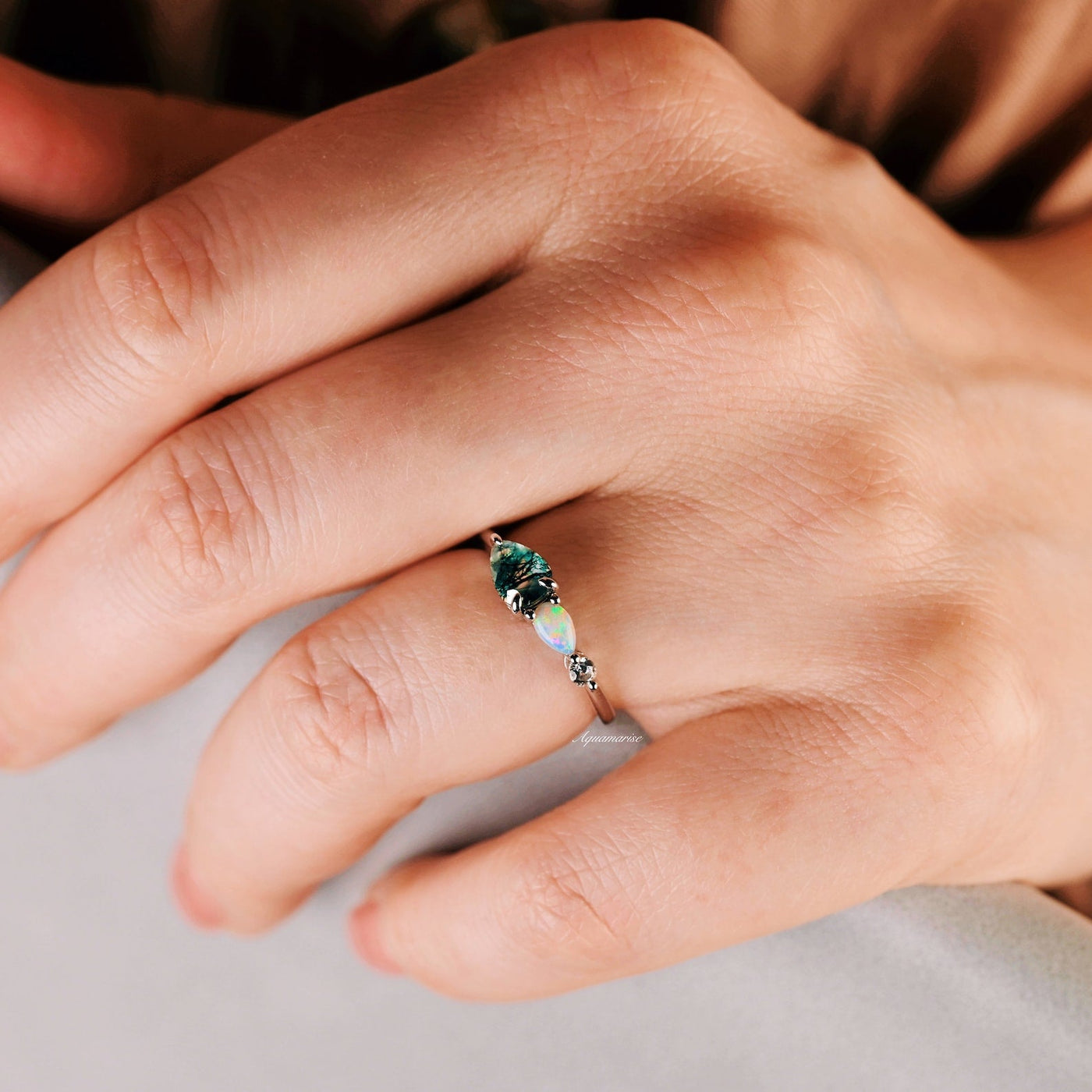 Natural Green Moss Agate & Fire Opal Engagement Ring For Women 14K Rose Gold Vermeil