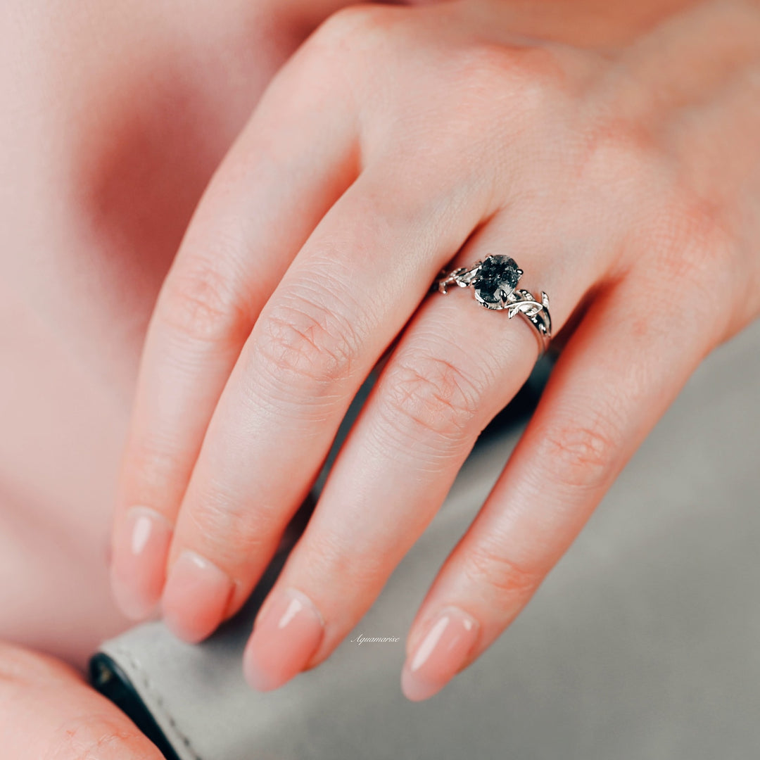 Galaxy Raw Salt & Pepper Diamond (Herkimer Diamond) Leaf Ring- 925 Sterling Silver