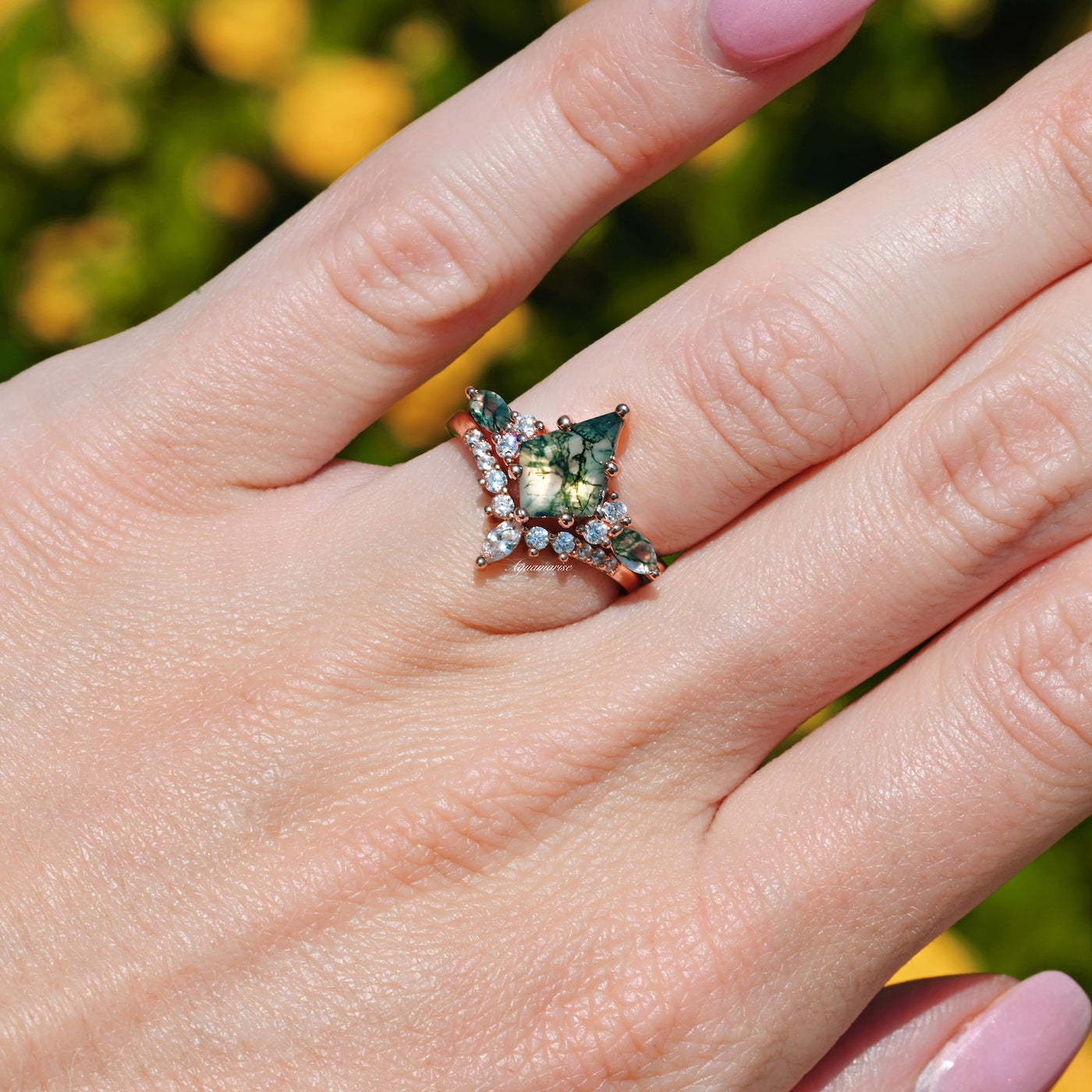 Skye Kite Green Moss Agate Ring- 14K Rose Gold Vermeil Natural Agate Engagement Ring- Promise Ring Green Gemstone Anniversary Gift For Her