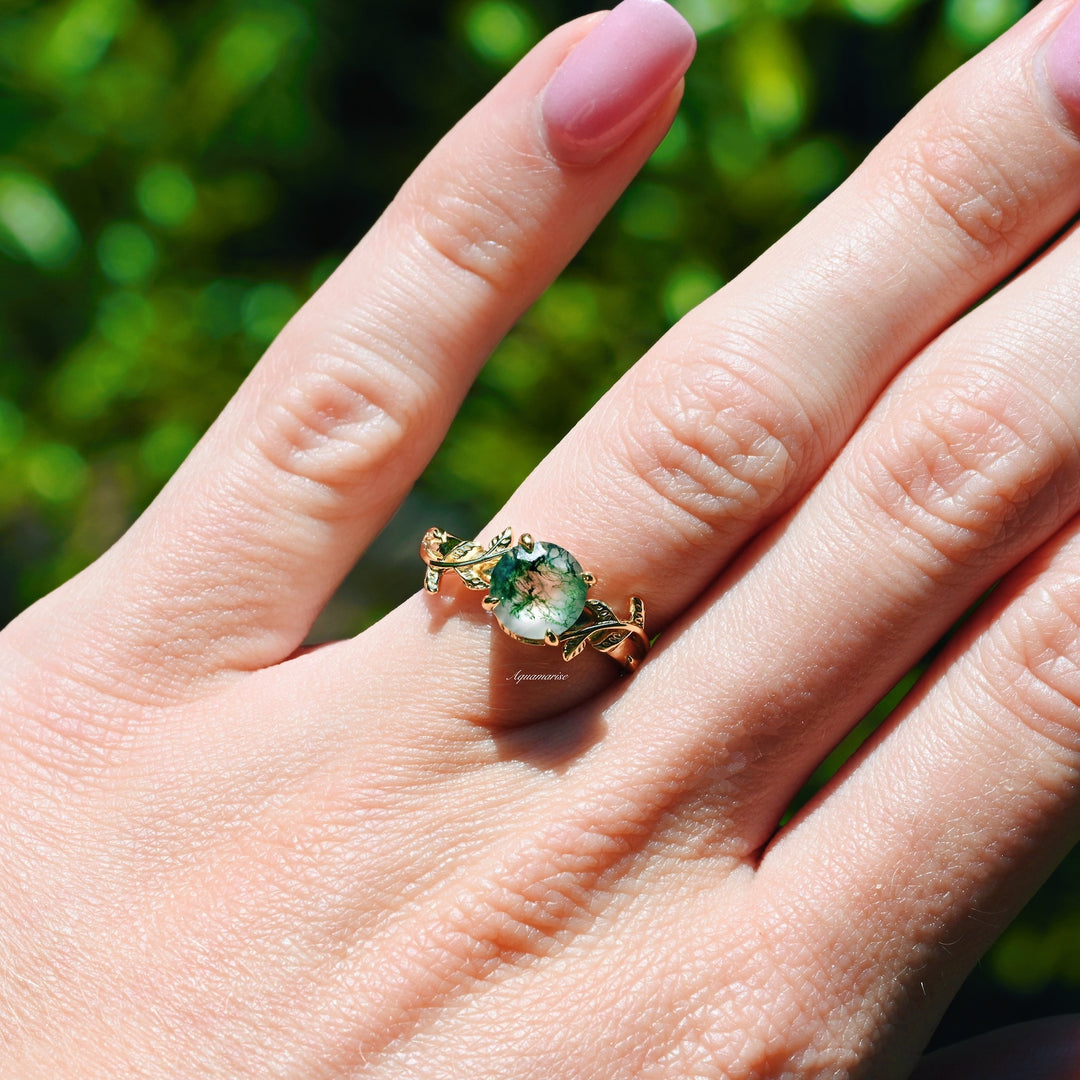 Natural Moss Agate Leaf Engagement Ring- 14K Yellow Gold Vermeil