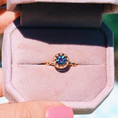 Vintage Alexandrite Engagement Ring For Women- 14K Rose Gold Vermeil- Color Changing Gemstone Promise Ring