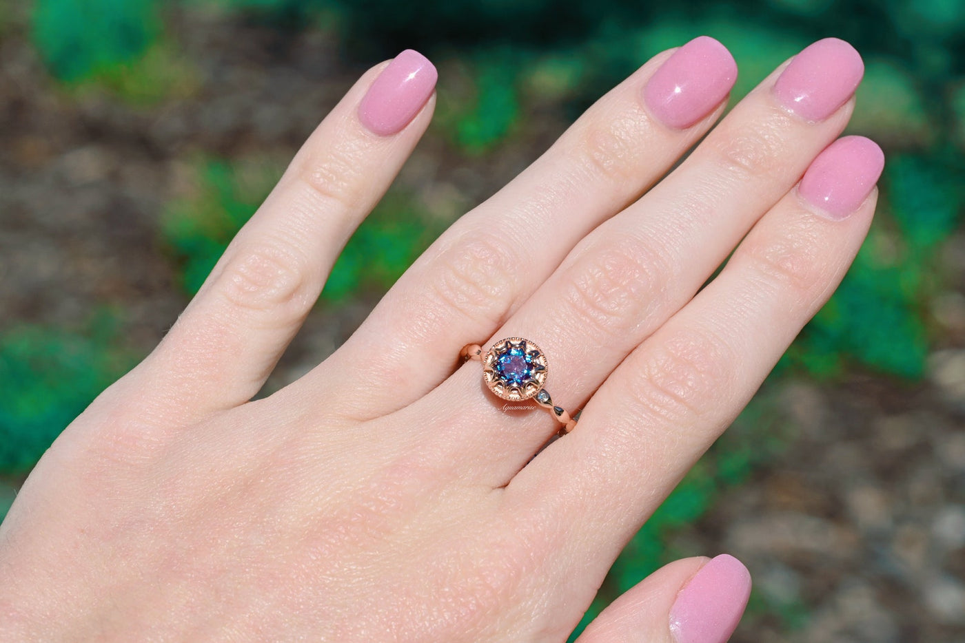 Vintage Alexandrite Engagement Ring For Women- 14K Rose Gold Vermeil- Color Changing Gemstone Promise Ring