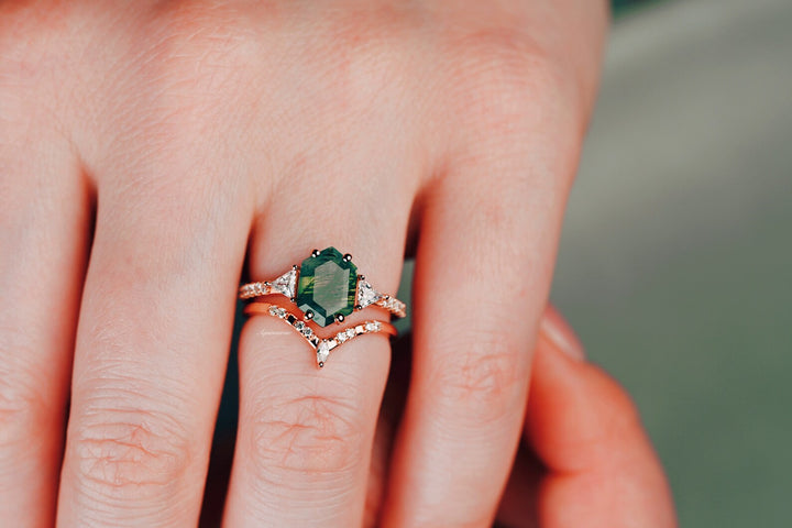 Hexagon Green Moss Agate Ring Set-14K Rose Gold Vermeil