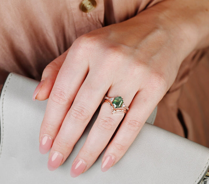 Hexagon Green Moss Agate Ring Set-14K Rose Gold Vermeil