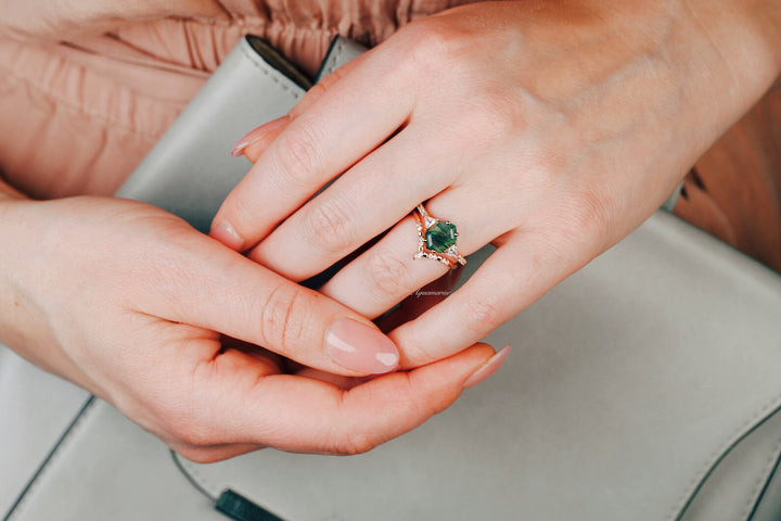 Hexagon Green Moss Agate Ring Set-14K Rose Gold Vermeil