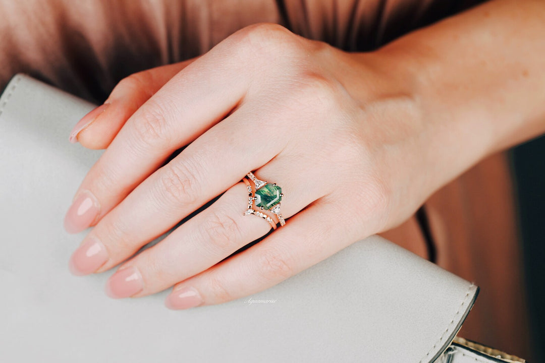 Hexagon Green Moss Agate Ring Set-14K Rose Gold Vermeil