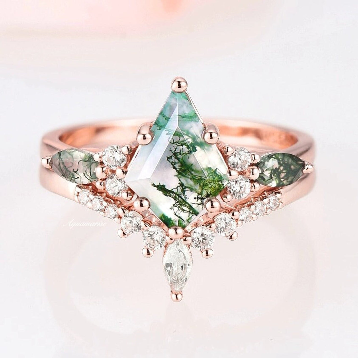 Skye Kite Green Moss Agate Couples Ring Set- His and Hers Wedding Band