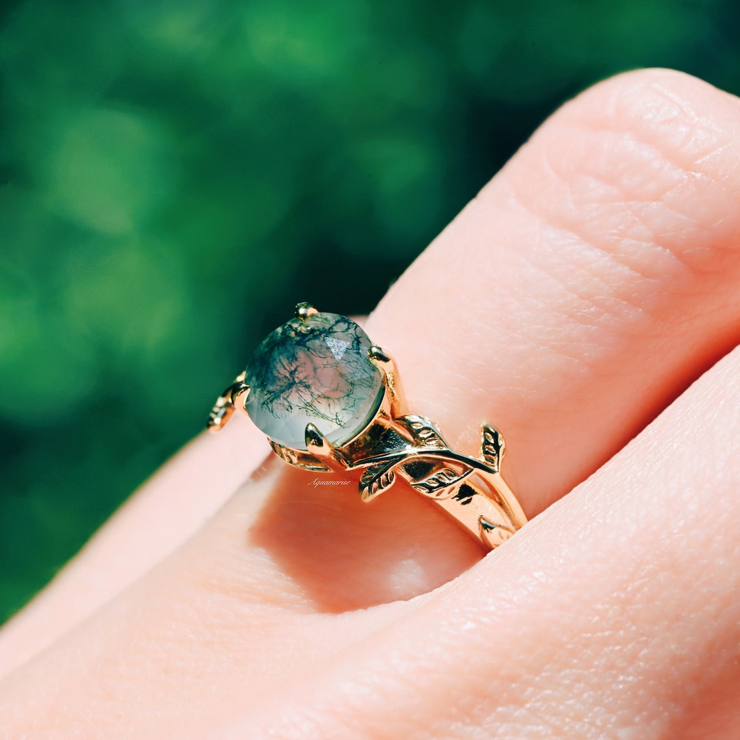 Natural Moss Agate Leaf Engagement Ring- 14K Yellow Gold Vermeil