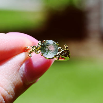 Natural Moss Agate Engagement Ring For Women Alternative Engagement Ring Nature Inspired Leaf Ring Anniversary Rings 14K Yellow Gold Vermeil