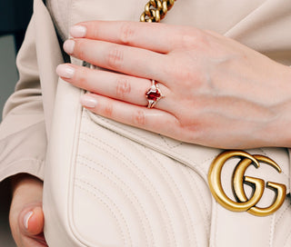 Hexagon Cut Lab-Grown Ruby Engagement Ring Set in 14K Rose Gold Vermeil