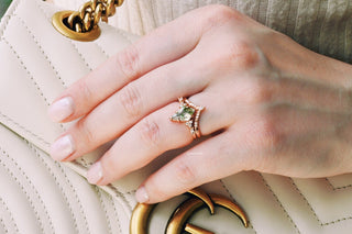 Kite Cut Green Moss Agate Bridal Ring Set in 14K Rose Gold Vermeil