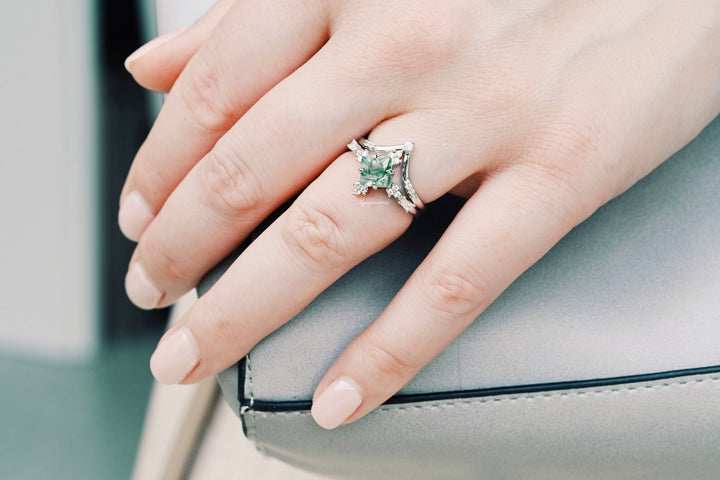 Natural Green Moss Agate Ring Set- Sterling Silver