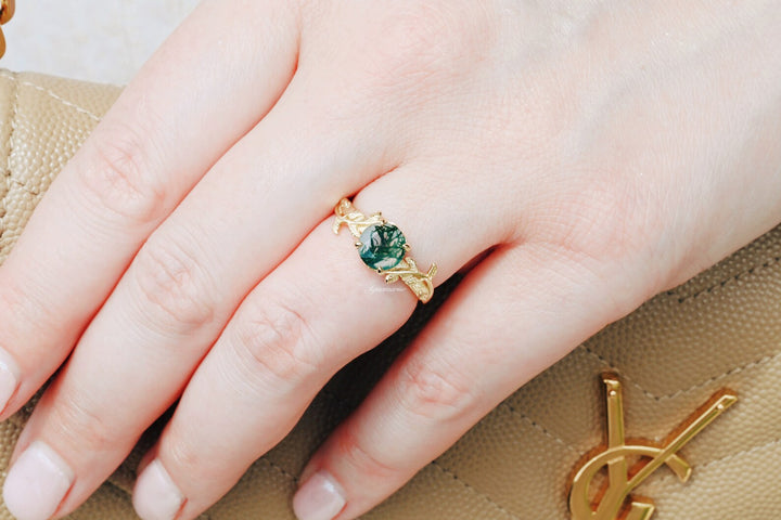 Natural Moss Agate Leaf Engagement Ring- 14K Yellow Gold Vermeil