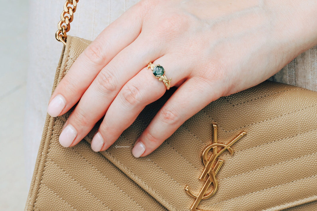 Natural Moss Agate Leaf Engagement Ring- 14K Yellow Gold Vermeil