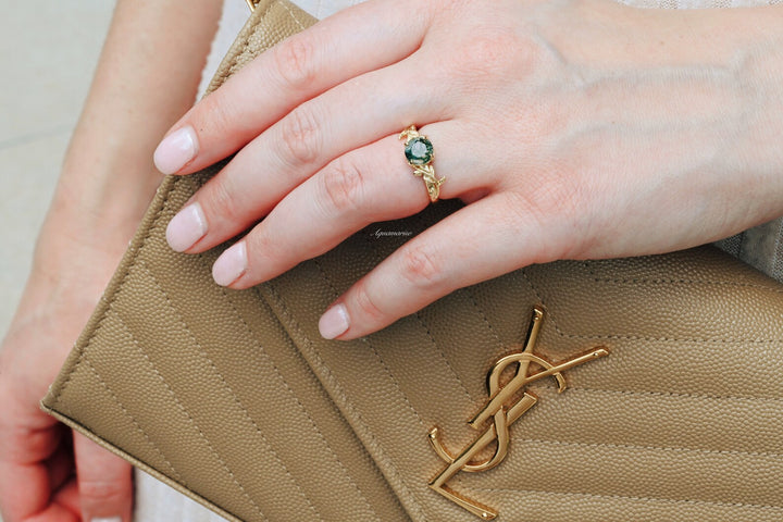 Natural Moss Agate Leaf Engagement Ring- 14K Yellow Gold Vermeil