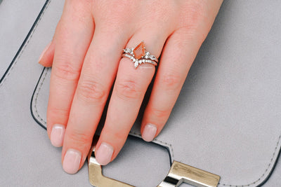 Skye Natural Sunstone Kite Ring Set For Women- 925 Sterling Silver Unique Orange Gemstone Engagement Ring Anniversary Birthday Gift For Her